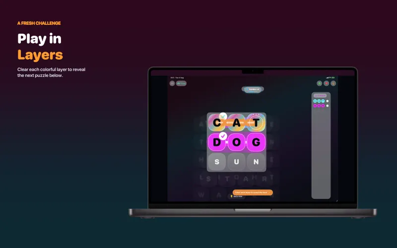 Wendpetal: Word Search: Mac word board with several colored word layers (Mac)