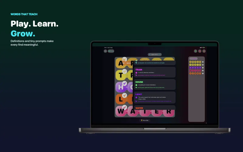 Wendpetal: Word Search: Mac puzzle with a word information panel (Mac)