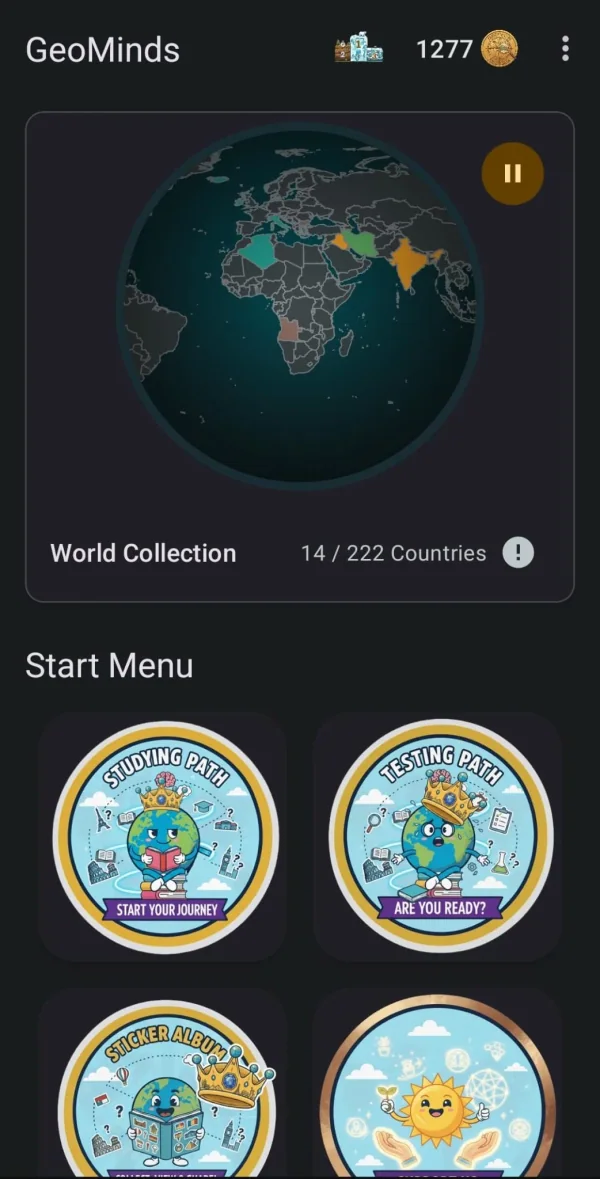 GeoMinds: Flags & Maps Trivia: Globo terráqueo, colección de países y menú de estudio (Android)