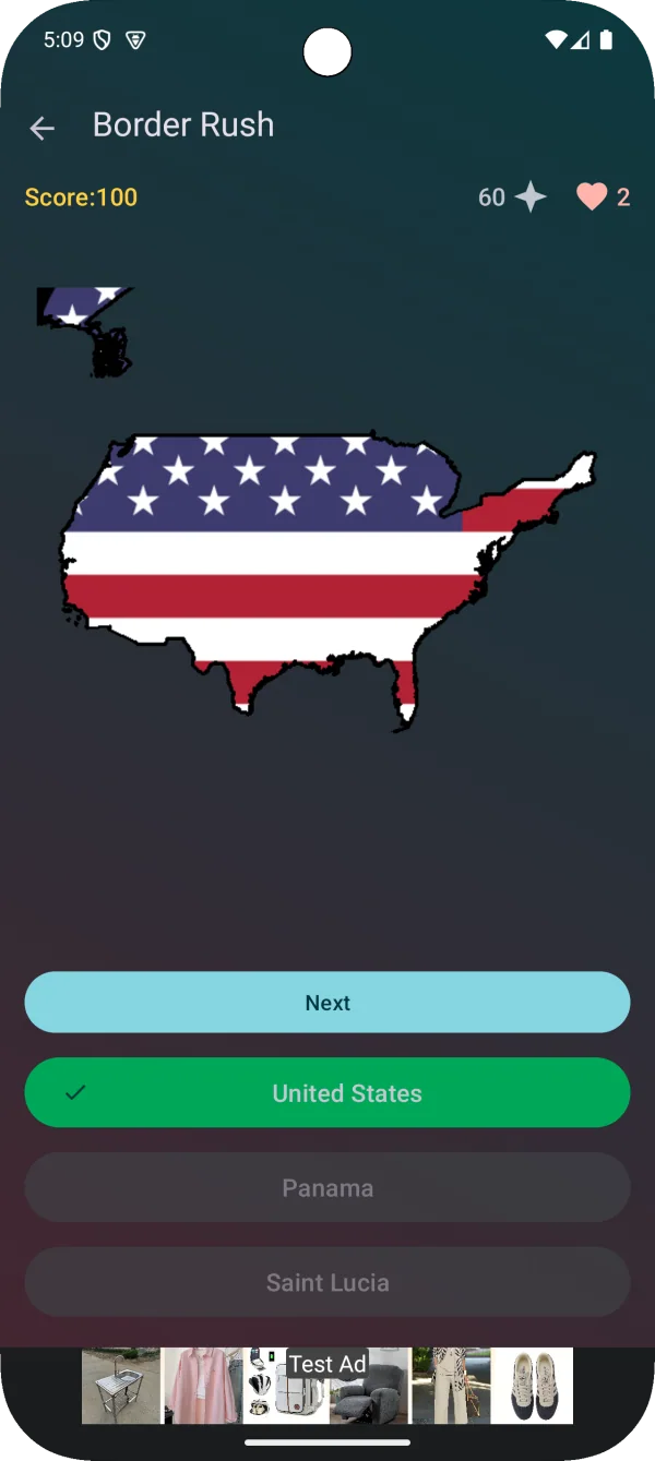 GeoMinds: Flags & Maps Trivia: Respuesta de Border Rush con un mapa de Estados Unidos con su bandera (Android)