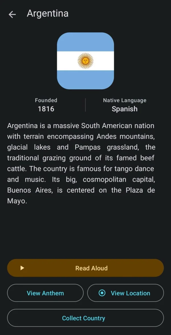 GeoMinds: Flags & Maps Trivia: Tarjeta informativa de Argentina con su bandera (Android)