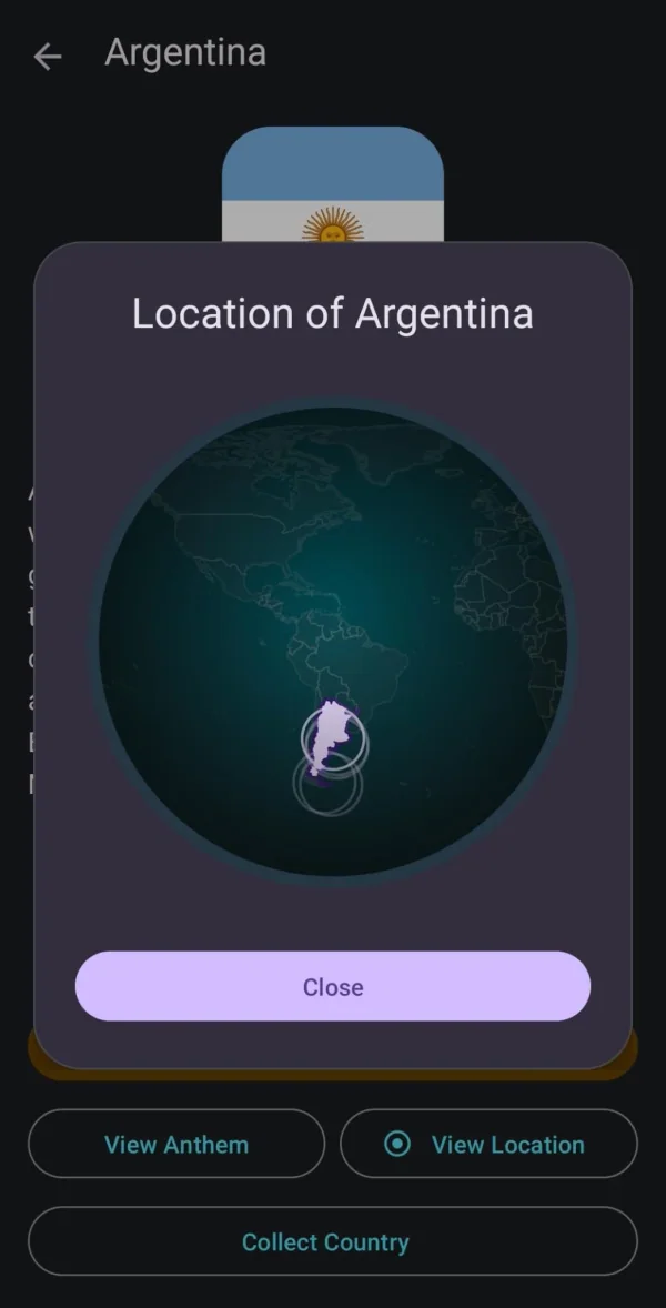 GeoMinds: Flags & Maps Trivia: Argentina resaltada en un globo terráqueo (Android)