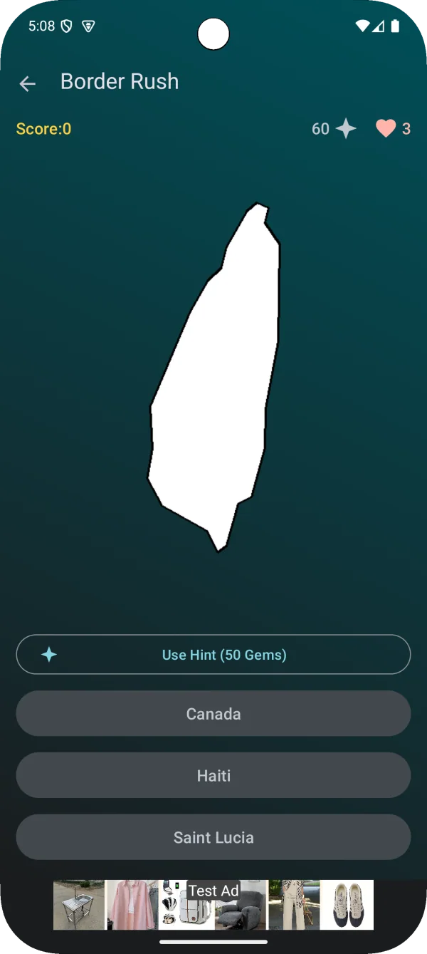 GeoMinds: Flags & Maps Trivia: Pregunta de Border Rush sobre la silueta de un país (Android)