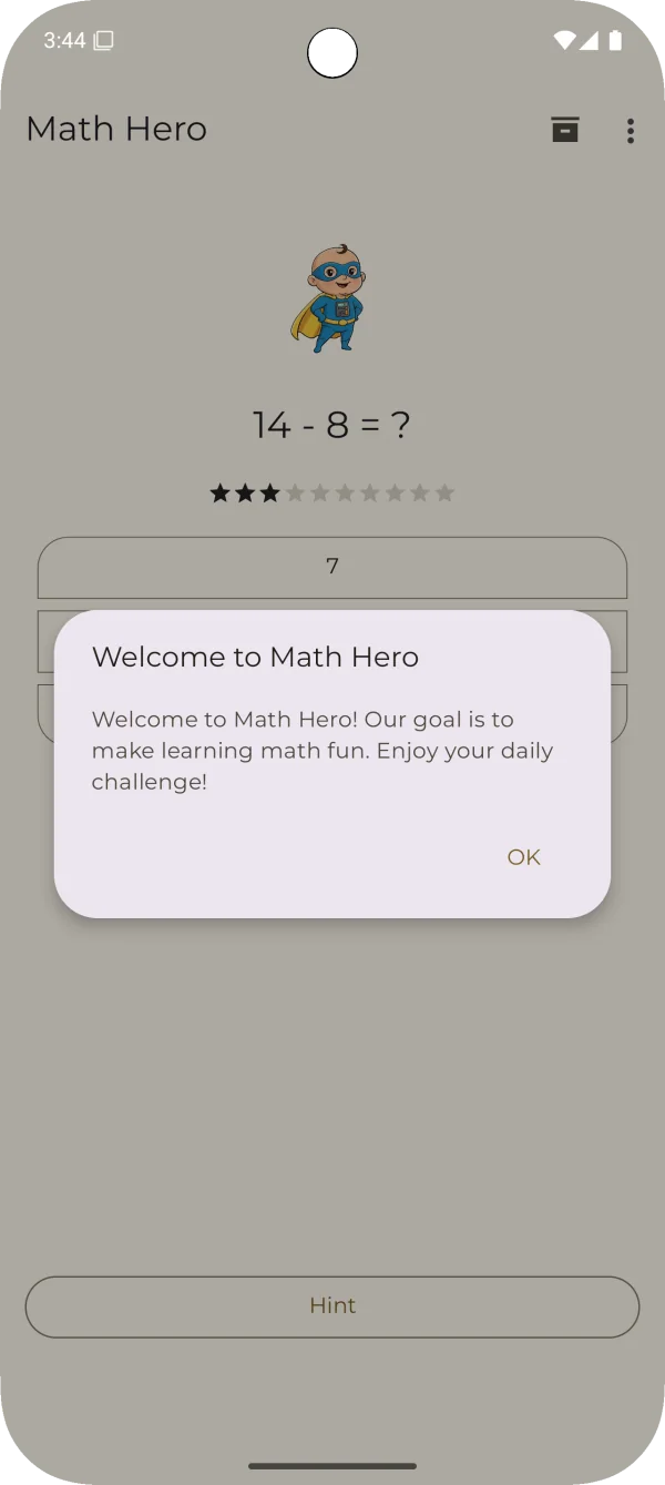 Math Hero: Fun Math for Kids: Pregunta de resta con una ventana de bienvenida (Android)