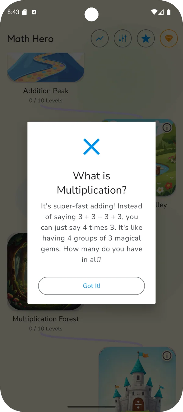 Math Hero: Fun Math for Kids: Ventana con una explicación de la multiplicación (Android)